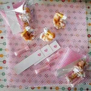 BOMBONIERE BATTESIMO NASCITA bimba cicogna rete nastro biglietto prezzo stock