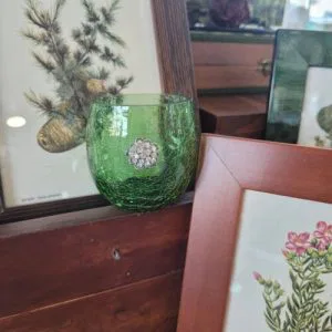 AR27) Vasetto Vetro Verde Craquelé Porta Candela Strass Vintage Collezionismo