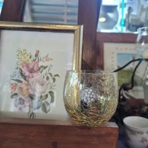 AR28) Vasetto Vetro Ambrato Craquelé Porta Candela Strass Vintage Collezionismo